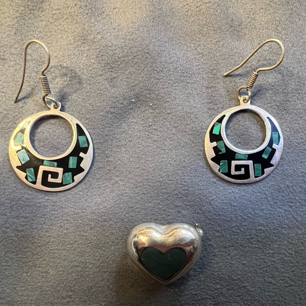 Antique Aztec, Indian design, earrings, and brooch
